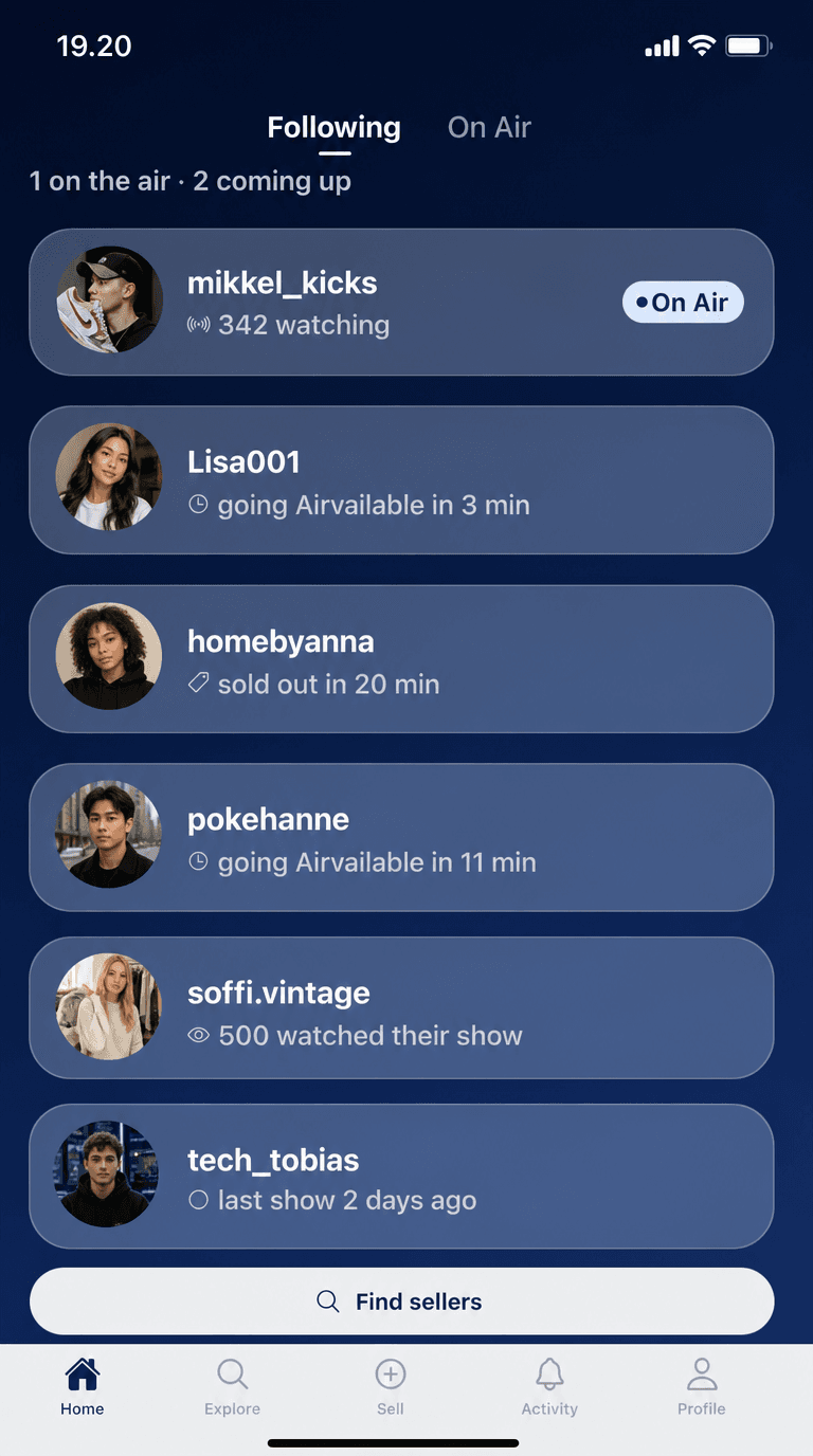 The Following tab in Airvailable, showing which sellers are on air now and which have announced a show next